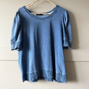 Jane + Delancey Sweatshirt Womens L Blue Washed Puff Sleeve Pleated Shoulder